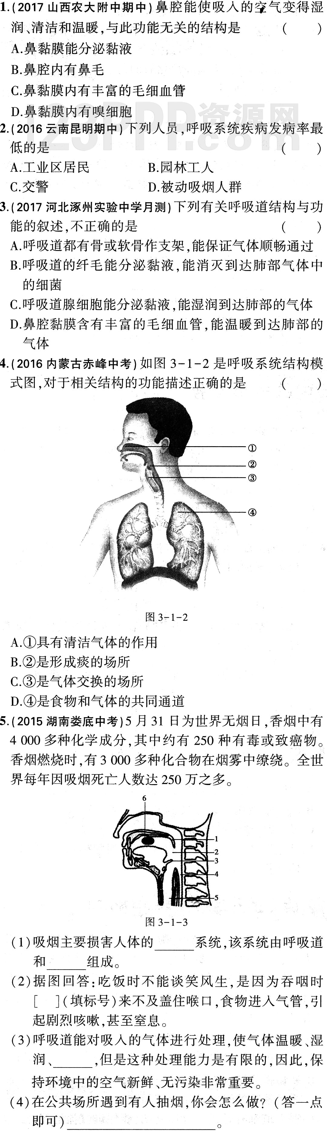 初一生物(人教版)七年级下册第3章第1节《呼吸道对空气的处理》全练试题